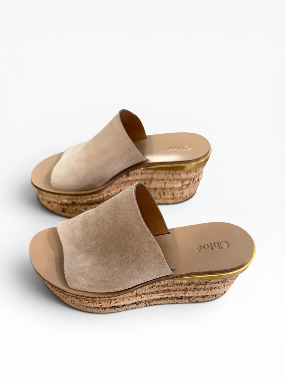 Chloe Camille cork platform slip on neutral blush suede sandals wedges